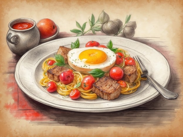 Auf dem Bild ist ein köstliches Gericht zu sehen, das aus Spaghetti, frischen Tomaten, mariniertem Fleisch und einem Spiegelei besteht. Ein Glas Tomatensauce ist ebenfalls abgebildet.
In Florenz gibt es viele kulinarische Highlights, die man genießen kann. Die Stadt ist bekannt für ihre traditionelle toskanische Küche, die unter anderem Gerichte wie Bistecca alla Fiorentina und Ribollita umfasst. Frische Zutaten und regionale Spezialitäten sind hier besonders wichtig und machen jeden Besuch zu einem kulinarischen Erlebnis.