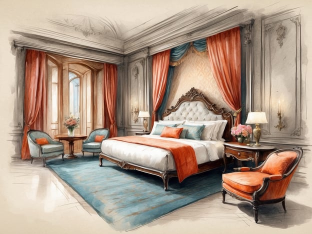 Auf dem Bild ist ein elegantes Schlafzimmer zu sehen, das einen luxuriösen und klassischen Stil vermittelt. Es gibt ein großes Bett mit einer stilvollen Kopfteilgestaltung, das mit weißen und orangen Kissen dekoriert ist.
Die Wände sind geschmackvoll mit Vorhängen in einem warmen Rotton geschmückt, und große Fenster lassen viel Tageslicht herein.
Zusätzlich sind zwei komfortable Sessel und ein kleiner Tisch auf dem Boden platziert, ideal für entspannende Momente. Eine stilvolle Lampe und ein Blumenarrangement auf einem Nachttisch sorgen für eine gemütliche Atmosphäre.
Insgesamt vermittelt der Raum ein Gefühl von Eleganz und Komfort und ist ideal für erholsame Nächte und gemütliche Stunden.