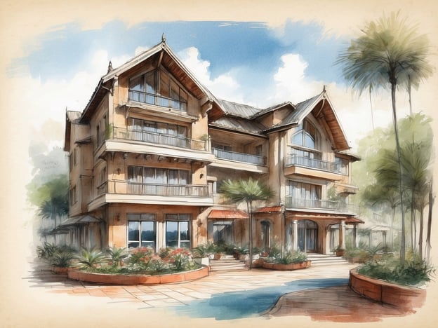 Auf dem Bild ist eine künstlerische Darstellung eines Hotels zu sehen, das möglicherweise an ein luxuriöses Resort oder ein ansprechendes Boutique-Hotel erinnert. Die Architektur zeigt ein zweigeschossiges Gebäude mit großen Fenstern, Balkonen und einem schönen Eingangsbereich, umgeben von tropischer Vegetation und Pflanzen.Das NH Collection Granada Victoria ist ein elegantes Hotel im Herzen von Granada, Spanien. Es bietet eine stilvolle Unterkunft mit modernen Annehmlichkeiten und einer zentralen Lage, die einen einfachen Zugang zu vielen Sehenswürdigkeiten der Stadt ermöglicht. Zu den Annehmlichkeiten des Hotels zählen komfortable Zimmer, ein Restaurant, ein Fitnessbereich und Konferenzmöglichkeiten. Gäste können die charmante Atmosphäre und den hervorragenden Service genießen, während sie die kulturellen Schätze von Granada erkunden.