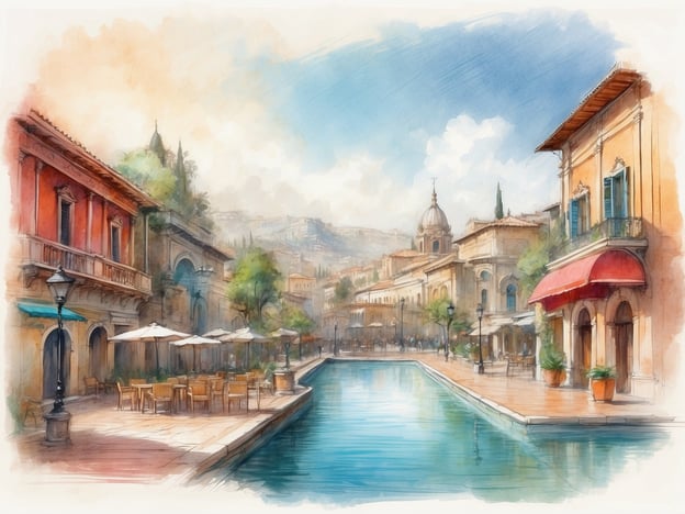 Auf dem Bild ist eine malerische, italienisch anmutende Flaniermeile zu sehen, die von hübschen Gebäuden und einem schmalen Kanal umgeben ist. Es gibt Cafés mit Sonnenschirmen und eine einladende Atmosphäre. Die Architektur scheint historische Elemente zu kombinieren, und im Hintergrund sind sanfte Hügel zu erkennen.In der Lage des NH Hotels könnte man sich in einer ähnlichen Umgebung befinden, ideal für Spaziergänge entlang des Kanals und zum Entspannen in den nahegelegenen Cafés. Die charmante Architektur und die ruhige Umgebung würden eine angenehme Atmosphäre für Gäste bieten.