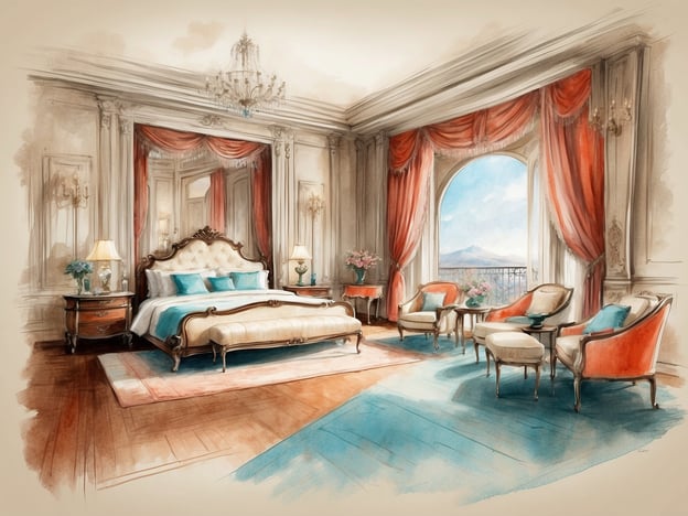 Auf dem Bild ist ein elegantes Zimmer zu sehen, das wie eine Suite gestaltet ist. Es gibt ein großes, luxuriöses Bett mit hellblauen Kissen und einen schicken Bettvorleger. Neben dem Bett stehen Nachttische mit Lampen und einem kleinen Blumenschmuck.In der Suite gibt es auch einen gemütlichen Sitzbereich mit stilvollen Sessel und einem kleinen Tisch. Die Fenster sind mit roten Vorhängen geschmückt, und man hat einen schönen Blick nach draußen, wo eine Landschaft zu sehen ist. Der ganze Raum strahlt Eleganz und Komfort aus.