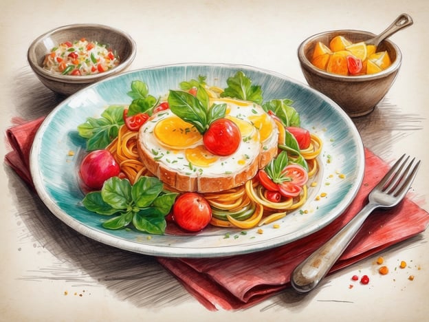 Auf dem Bild ist ein köstliches kulinarisches Gericht zu sehen. Es besteht aus einem Teller mit Pasta, der mit frischem Gemüse wie Tomaten und Blattpflanzen garniert ist. Darüber liegt ein Stück Brot, auf dem zwei Spiegeleier platziert sind, die dem Gericht eine besondere Note verleihen.Zusätzlich gibt es zwei kleine Schalen, eine mit einem bunten Salat und eine andere mit frischen Obststücken, die eine erfrischende Ergänzung darstellen. Das gesamte Arrangement sieht sehr appetitlich und einladend aus und könnte ein ideales Frühstück oder ein leichtes Mittagessen sein.