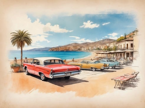 Eine malerische Küstenansicht in Kalabrien, Süditalien, zeigt bunte Oldtimer auf einer Uferstraße. Im Vordergrund steht ein roter Oldtimer, während im Hintergrund ein Sandstrand und das leuchtend blaue Meer zu sehen sind. Palmen und einladende Cafés mit schattenspendenden Sonnenschirmen verleihen der Szenerie ein entspanntes Urlaubsflair. Sanfte Hügel bergen charmante Gebäude und runden das idyllische Bild ab.