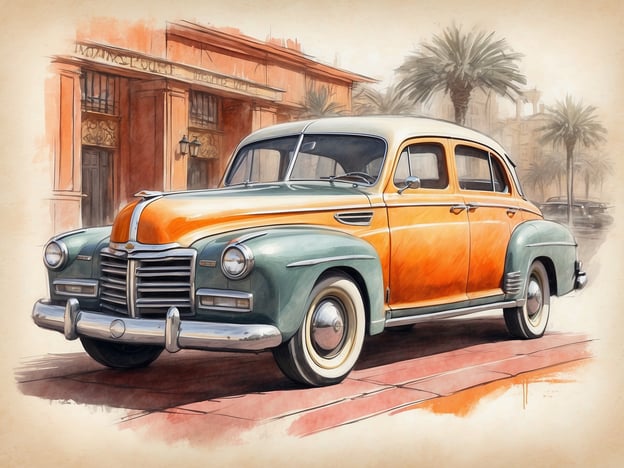 Auf dem Bild ist ein klassisches Auto zu sehen, das in einer malerischen Umgebung steht. Das Auto hat eine auffällige Farbgestaltung in Orange und Grün. Im Hintergrund sind Gebäude und Palmen zu sehen, die eine sommerliche Atmosphäre vermitteln.
Wenn du in Hamburg im NH Hotel bist, könntest du eine ähnliche entspannte Atmosphäre in der Stadt erleben, vielleicht bei einem Spaziergang an der Binnenalster oder im Stadtpark, wo du auch historische Autos entdecken kannst.