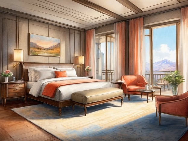 Auf dem Bild ist ein modernes Schlafzimmer zu sehen. Die Ausstattung umfasst ein großes Bett mit weißen Laken und einem roten Kissen. An den Wänden hängen helle Vorhänge, die viel Licht hereinlassen. Neben dem Bett stehen zwei Nachttische mit Lampen und Blumendekoration.
In einer Ecke des Zimmers befinden sich zwei orangefarbene Sessel und ein kleiner Couchtisch. Zudem gibt es einen Hocker am Fußende des Bettes. Große Fenster bieten einen Ausblick auf eine Landschaft mit Bergen, und der Boden ist mit einem dekorativen Teppich bedeckt. Alles wirkt einladend und gemütlich.