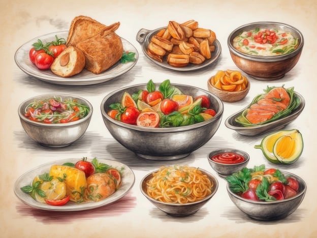 Auf dem Bild sind verschiedene Speisen dargestellt, die ein abwechslungsreiches Gastronomieangebot zeigen. In der oberen linken Ecke sieht man ein gefülltes Brot und frische Tomaten. Daneben befinden sich knusprige Kartoffeln.
In der Mitte gibt es verschiedene Salate, darunter einen bunten Obstsalat mit Tomaten, sowie eine herzhafte Suppe.
Unten werden angebratene Ananasstücke mit Limetten und eine Portion Spaghetti serviert. Auch ein Gericht mit Lachs auf einem Bett von grünen Blättern ist zu erkennen, ergänzt durch eine Avocado.
Das gesamte Arrangement zeigt eine ansprechende Vielfalt an frischen und schmackhaften Zutaten, die typischerweise in der Gastronomie angeboten werden.