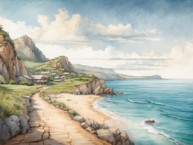 Auf dem Bild ist eine malerische Küstenlandschaft zu sehen, mit sanften Hügeln, Felsen und einem ruhigen Meer. In der Nähe könnte eine interessante Sehenswürdigkeit wie ein Küstenwanderweg, eine alte Leuchtturmküste oder ein kleines Fischerdorf zu finden sein.
Aktivitäten in dieser Umgebung könnten das Wandern entlang der Küste, Schwimmen im Meer oder das Entdecken von versteckten Buchten sein. Außerdem wäre es möglich, die lokale Flora und Fauna zu beobachten oder in einem der kleinen Cafés lokale Spezialitäten zu genießen.