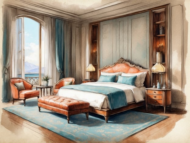 Auf dem Bild ist eine stilvolle Hotelzimmeransicht zu sehen, die durch ein elegantes Design besticht. Es gibt ein großes Bett mit blauen und weißen Kissen, zwei gemütliche Sessel in einem warmen Braunton sowie einen Teppich mit floralem Muster. Große Fenster lassen viel Tageslicht herein und bieten möglicherweise einen Blick auf eine malerische Landschaft.
Das NH Hotel Collection in Köln Mediapark ist bekannt für seine modernen und komfortablen Zimmer. Gäste können eine elegante Atmosphäre erwarten, die Geschäftsreisende sowie Städtetouristen anzieht. Zudem bietet das Hotel verschiedene Annehmlichkeiten wie ein Gourmet-Restaurant, Konferenzräume und einen Fitnessbereich, um einen angenehmen Aufenthalt zu gewährleisten.