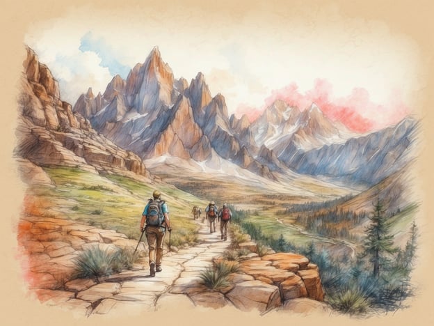 Auf dem Bild sind Wanderer zu sehen, die einen malerischen Pfad in den Bergen entlang gehen. Die Umgebung zeigt majestätische Berge, saftig grüne Wiesen und eine ruhige Atmosphäre.
In dieser Szenerie könnten Freizeitaktivitäten wie Wandern, Mountainbiken oder Fotografieren der Natur stattfinden. Zudem bieten sich Möglichkeiten zum Picknicken oder einfach zum Entspannen in der schönen Landschaft. Auch Tierbeobachtungen oder das Erforschen der Umgebung wären hier sehr reizvoll.