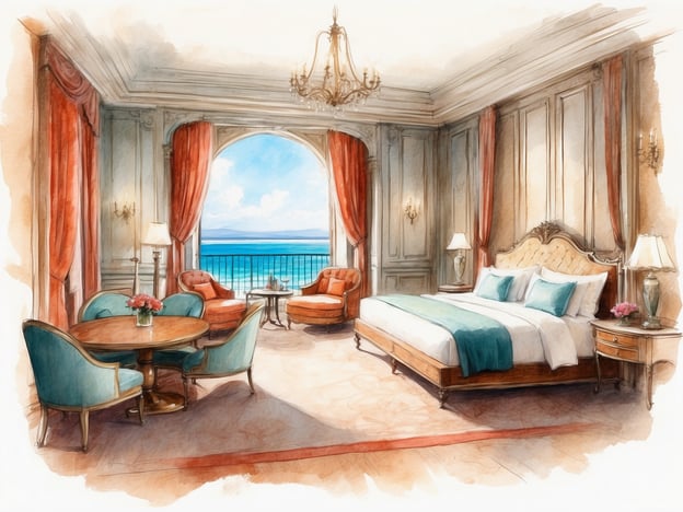 Auf dem Bild ist ein elegantes Hotelzimmer zu sehen. Es verfügt über folgende Ausstattung und Optionen:
- **Bett**: Ein großes, luxuriöses Doppelbett mit einer dekorativen Kopfteil-Sitzfläche.
- **Sitzbereich**: Zwei stilvolle Sessel in einem sanften Farbton, die um einen kleinen Tisch gruppiert sind.
- **Esstisch**: Ein runder Tisch mit Stühlen, geeignet für entspannte Mahlzeiten oder Gespräche.
- **Fenster**: Eine große Fensterfront mit Meerblick, die viel natürliches Licht hereinscheint.
- **Dekoration**: Elegante Vorhänge, Wandleuchten und ein schöner Kronleuchter geben einen gehobenen Eindruck.
- **Bodenbelag**: Ein heller, übersichtlicher Boden, der das Gesamtbild auflockert.
Das Zimmer strahlt eine warme und einladende Atmosphäre aus, ideal für einen komfortablen Aufenthalt.