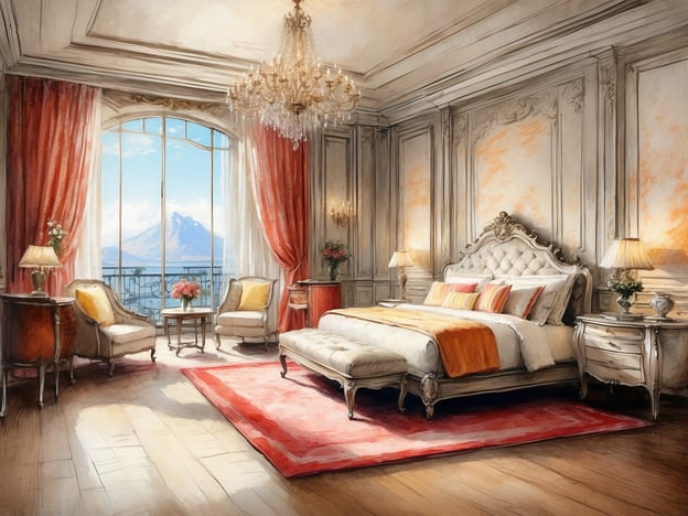 Auf dem Bild ist ein luxuriöses Schlafzimmer zu sehen. Die Annehmlichkeiten und Details umfassen:
- **Bett**: Ein großes, opulentes Bett mit einer gepolsterten Kopfstütze und bunten Kissen.
- **Möbel**: Stilvolle Sessel und ein kleiner Tisch in der Mitte des Raumes.
- **Fenster**: Große Fenster, die viel natürliches Licht hereinlassen und einen Blick auf eine wunderschöne Landschaft mit Bergen bieten.
- **Teppich**: Ein eleganter Teppich in sanften Farben, der den Raum ergänzt.
- **Beleuchtung**: Ein prächtiger Kronleuchter und Tischlampen sorgen für stimmungsvolle Beleuchtung.
- **Dekoration**: Blumenvasen und geschmackvolle Deko-Elemente verleihen dem Raum eine einladende Atmosphäre.
Insgesamt strahlt der Raum Eleganz und Komfort aus.