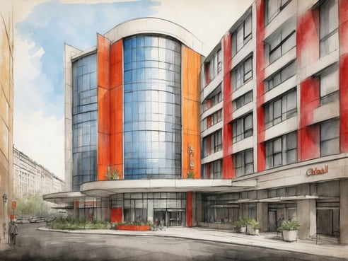 Das Bild zeigt die moderne Fassade des Leonardo Hotels Berlin KU'DAMM. Im Vordergrund sieht man den Eingangsbereich mit einer großen, überdachten Einfahrt. Die markante Glasarchitektur wird von auffälligen orangefarbenen und roten Akzenten umrahmt. Um das Gebäude herum sind grüne Pflanzenspielräume zu sehen, die dem Gesamtbild eine einladende Atmosphäre verleihen. Der Himmel ist klar und blau, was den modernen Look des Hotels unterstreicht.