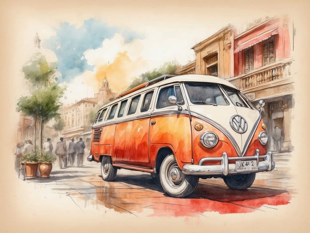Auf dem Bild ist ein orange-weißer VW-Bus zu sehen, der in einer urbanen Umgebung steht. Die Szenerie scheint lebhaft und einladend zu sein, mit Menschen, die im Hintergrund spazieren. Solche historischen VW-Busse sind oft mit Reisen und Abenteuer verbunden, und sie könnten nostalgische Erinnerungen an Roadtrips und das Entdecken neuer Orte hervorrufen.
In der Umgebung könnte es zahlreiche kulturelle und kulinarische Erlebnisse geben. Man kann sich vorstellen, dass in den nahegelegenen Cafés und Restaurants lokale Spezialitäten angeboten werden, die typisch für die Region sind. Vielleicht werden dort traditionelle Gerichte serviert, die aus frischen, regionalen Zutaten zubereitet werden, während Straßenmusik und lokale Kunst das Ambiente bereichern. Solch eine Atmosphäre lädt dazu ein, die lokale Kultur hautnah zu erleben und die Vielfalt der kulinarischen Angebote zu genießen.