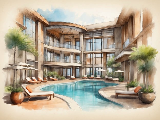 Auf dem Bild ist eine künstlerische Skizze eines modernen Hotels mit einem Innenhof und einem Pool zu sehen. Es gibt Liegen und Schirme rund um den Pool sowie Pflanzen, die eine entspannende Atmosphäre schaffen.
Das NH Hotels Collection Madrid Abascal bietet eine elegante und stilvolle Unterkunft im Herzen von Madrid. Die Hotelzimmer sind geschmackvoll eingerichtet und bieten modernen Komfort. Zu den Annehmlichkeiten gehören ein Restaurant, das regionale und internationale Küche anbietet, sowie Konferenzräume für Geschäftstreffen. Die Lage ermöglicht es den Gästen, die wichtigsten Sehenswürdigkeiten der Stadt bequem zu erreichen.