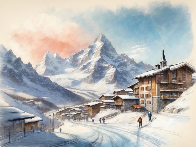 Das Bild zeigt eine malerische Winterlandschaft in den Alpen, ähnlich der Region Cervinia in Italien. Hier treffen majestätische Berge auf ein charmantes Dorf, das von schneebedeckten Hügeln umgeben ist. Die Struktur im Vordergrund erinnert an typische alpine Chalets, die oft in diesem Bereich zu finden sind.Cervinia ist bekannt für seine beeindruckende Aussicht auf das Matterhorn und bietet hervorragende Möglichkeiten zum Skifahren und Wandern. Im Winter zieht die Region viele Besucher an, die die verschneiten Pisten und die atemberaubende Natur genießen. Die Kombination aus traditioneller Architektur und den majestätischen Bergen schafft eine idyllische Atmosphäre, die Reisende in die zauberhafte Welt der Alpen entführt.