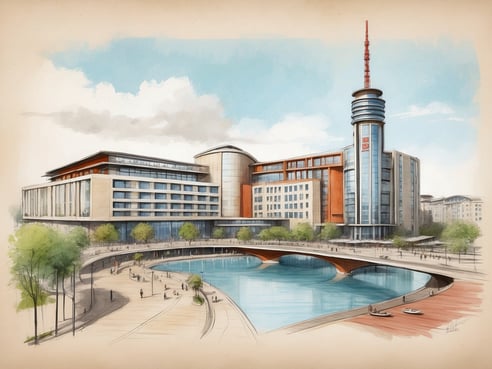 Das Bild zeigt eine künstlerische Darstellung des Leonardo Boutique Hotels Berlin City South. Im Vordergrund verläuft ein gewundener Weg entlang eines Wassers, das sich ruhig spiegelt. Das Hotelgebäude ist modern gestaltet und hat eine markante Fassade mit großen Fenstern und einem hohen, runden Turm. Um das Gebäude herum sind Bäume und mehrere Personen zu sehen, die den Weg entlang spazieren. Im Hintergrund sind weitere städtische Gebäude angedeutet, unter einem leicht bewölkten Himmel.