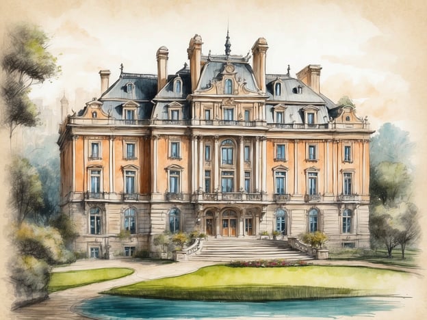 Auf dem Bild ist eine stilisierte Zeichnung eines prächtigen Gebäudes zu sehen, das an ein historisches Palais erinnert. Es zeigt eine elegante Fassade mit großen Fenstern, einem zentralen Eingang und dekorativen Elementen. Die Umgebung ist von Bäumen und einem kleinen Teich umgeben, was dem Gesamtbild eine ruhige Atmosphäre verleiht.
Das NH Hotel Collection Madrid Colón hat eine interessante Geschichte. Es handelt sich um ein historisches Gebäude, das ursprünglich als Wohnhaus erbaut wurde und im Laufe der Jahre eine Vielzahl von Umnutzungen durchlief. Heute ist es ein luxuriöses Hotel, das den Charme seiner Vergangenheit mit modernem Komfort verbindet. Die Lage in Madrid ermöglicht den Gästen einen einfachen Zugang zu vielen kulturellen Sehenswürdigkeiten der Stadt. Das Hotel ist bekannt für seine elegante Architektur und erstklassigen Service, der einen angenehmen Aufenthalt garantiert.