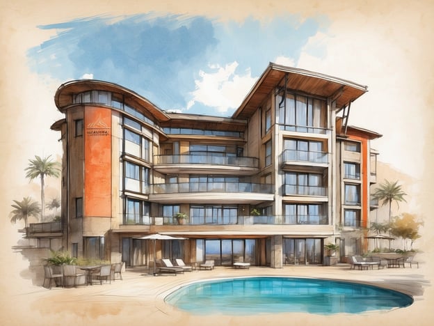 Auf dem Bild ist eine künstlerische Darstellung eines modernen Hotels zu sehen, das eine elegante Architektur mit großen Fenstern und einem Pool im Vordergrund kombiniert. Palmen und Lounge-Bereiche umgeben den Pool, was eine entspannte Atmosphäre schafft.
Das NH Collection Madrid Eurobuilding ist ein luxuriöses Hotel, das für seine stilvolle Ausstattung und exzellenten Service bekannt ist. Es liegt im Zentrum von Madrid und bietet zahlreiche Annehmlichkeiten wie eine moderne Bar, ein Restaurant und Konferenzräume. Die Zimmer sind geräumig und komfortabel, ausgestattet mit zeitgemäßer Technik und luxuriösen Bädern. Besondere Highlights sind der Wellnessbereich und die beeindruckenden Aussichten auf die Stadt.