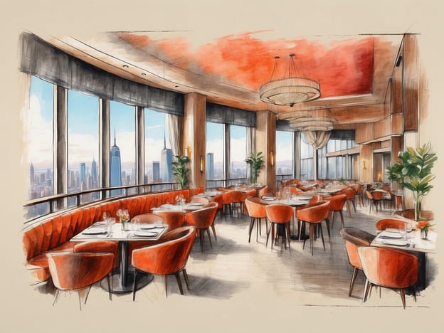 Auf dem Bild ist ein elegantes Restaurant zu sehen, das in einem Hotel liegt. Die Innenausstattung ist modern und stilvoll, mit großen Fenstern, die einen beeindruckenden Blick auf die Skyline der Stadt bieten. Die Tische sind liebevoll gedeckt, und die gepolsterten Stühle in warmen Orangetönen schaffen eine gemütliche Atmosphäre.
Das Restaurant bietet wahrscheinlich eine feine Auswahl an Gerichten, möglicherweise mit regionalen und internationalen Spezialitäten. Es könnte auch einen besonderen Brunch oder ein romantisches Dinner am Abend anbieten, ideal für Hotelgäste oder Besucher, die ein unvergessliches kulinarisches Erlebnis suchen. Die Atmosphäre ist perfekt für besondere Anlässe oder entspannte Dinnerdates.