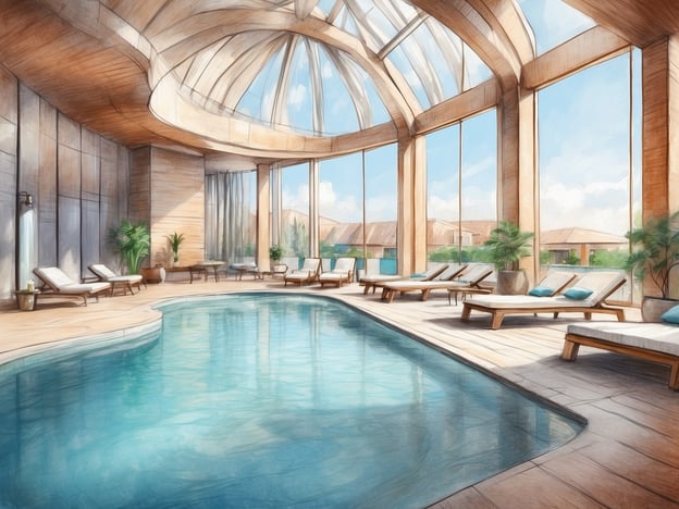 Auf dem Bild ist ein schöner, lichtdurchfluteter Wellnessbereich zu sehen, der mit einem Pool ausgestattet ist. Die großen Fenster sorgen für eine helle und einladende Atmosphäre.
Im NH Collection Madrid Eurobuilding können Gäste erstklassige Wellness- und Freizeitangebote genießen. Dazu gehören ein modernes Fitnesscenter, verschiedene Behandlungsräume für Massagen und kosmetische Behandlungen sowie eine Wellness-Sauna. Außerdem bietet das Hotel entspannende Ruhezonen, in denen man nach einem langen Tag die Seele baumeln lassen kann. Der perfekte Ort, um sich zu regenerieren und zu entspannen!