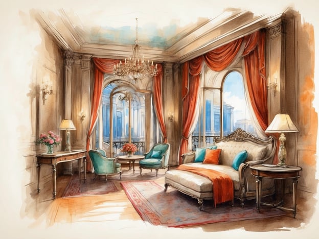 Auf dem Bild ist eine elegante und luxuriöse Hotelzimmer-Interieur-Szene zu sehen. Die Gestaltung zeigt eine stilvolle Atmosphäre mit einem großen Fenster, durch das viel Licht strömt, und bietet einen schönen Ausblick. Die Einrichtung umfasst eine bequeme Couch, stilvolle Sessel, einen Tisch und dekorative Elemente wie Blumen und Lampen, die dem Raum Wärme verleihen. Die farblichen Akzente in Orange und Blau schaffen einen ansprechenden Kontrast.
**Überblick über das NH Hotels Collection Madrid Gran Via:**
Das NH Collection Madrid Gran Via ist ein hochwertiges Hotel im Herzen Madrids, das Eleganz und modernen Komfort vereint. Es bietet stilvolle Zimmer, die oft mit Fenstern und Balkonen ausgestattet sind, um die Stadtansicht zu genießen. Gäste können sich auf erstklassige Annehmlichkeiten, ein Restaurant, ein Fitnesscenter und vielfältige Dienstleistungen freuen. Die zentrale Lage bietet direkten Zugang zu vielen Sehenswürdigkeiten, Einkaufs- und Unterhaltungsmöglichkeiten, was es zu einem idealen Ziel für Geschäfts- und Freizeitreisende macht.