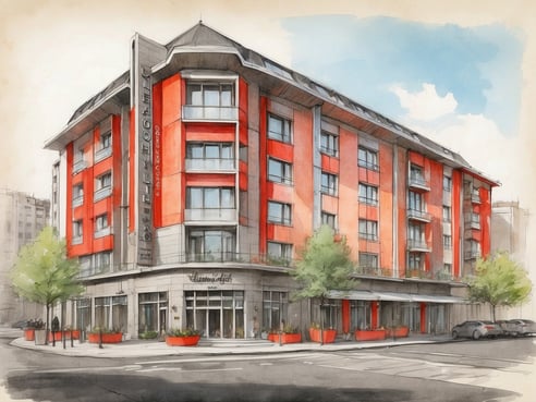 Das Bild zeigt das Leonardo Boutique Hotel Düsseldorf in einer künstlerischen Aquarellansicht. Das Gebäude hat eine moderne Architektur mit einer markanten rot-weißen Fassadengestaltung und großen Fenstern. Vor dem Hotel befinden sich stilisierte Blumentöpfe und Bäume, die das Ambiente auflockern. Die Straßenszene suggeriert eine belebte Umgebung, während das Hotel freundlich und einladend wirkt.