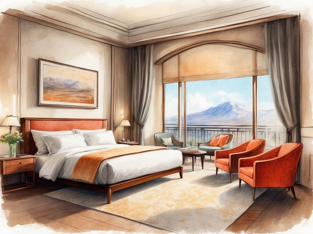 Auf dem Bild ist ein elegantes Hotelzimmer zu sehen. Es verfügt über ein großes Bett mit weißen Bettwäsche und einem orangefarbenen Überwurf. Neben dem Bett steht ein Nachttisch mit einer Lampe und einer kleinen Blumenvasen.
Die Ausstattung umfasst zudem einen Teppich auf dem Boden und zwei gemütliche Sessel in einem lebhaften Orange und Grün, die um einen kleinen Tisch gruppiert sind. Große Fenster bieten einen Blick auf eine malerische Landschaft, wobei die Bergkulisse im Hintergrund sichtbar ist. Die Wände sind in warmen Tönen gehalten und mit einem Gemälde dekoriert. Vorhänge rahmen die Fenster und sorgen für eine einladende Atmosphäre.