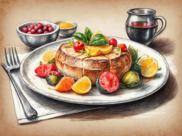 Auf dem Bild sieht man ein kulinarisches Gericht, das liebevoll angerichtet ist. Im Mittelpunkt steht eine runde, goldbraun gebratene Speise, die mit frischen Kräutern, Kirschtomaten und verschiedenen Zitrusfrüchten garniert ist. Rund um das Gericht sind bunte Beilagen platziert, darunter verschiedene Tomaten und Orangenstücke, die dem Teller eine frische Note verleihen.
Zusätzlich gibt es eine kleine Schale mit roten Früchten und eine weitere mit einer süßen Soße oder Sirup, die den geschmacklichen Genuss abrunden. Neben dem Teller steht eine Kanne mit dunklem Getränk, das ebenfalls zur gastronomischen Erfahrung beiträgt. Alles zusammen schafft eine einladende und appetitanregende Atmosphäre für ein schmackhaftes Essen.