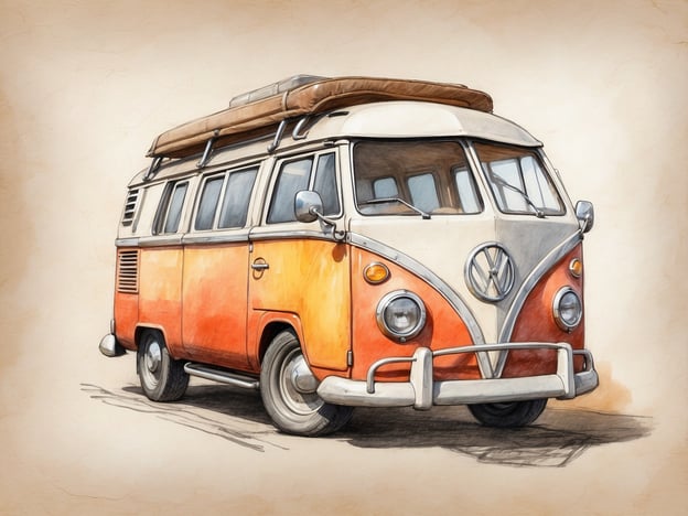 Auf dem Bild ist ein klassischer Volkswagen Bulli zu sehen. Der VW Bulli hat eine auffällige orange-weiße Farbkombination. Er besitzt einen charakteristischen, runden Grill und große Fenster, die viel Licht ins Innere lassen.
In Bezug auf die Ausstattung könnte dieser Bulli typischerweise mit einer Schlafsitzbank, einem kleinen Kühlschrank und Stauraum für Campingausrüstung ausgestattet sein. Oft haben solche Fahrzeuge auch eine Küchenzeile, die bei Ausflügen nützlich ist. Im Inneren würde man einen gemütlichen, transportablen Raum erwarten, der ideal für Roadtrips ist.