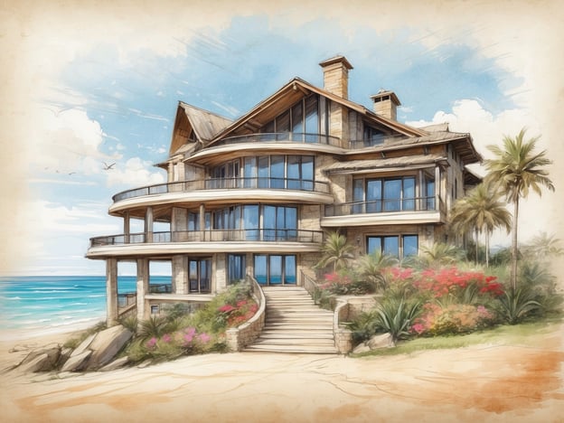 Auf dem Bild ist ein architektonisches Design eines luxuriösen Hauses oder einer Villa zu sehen, das sich in einer malerischen Küstenlandschaft befindet, umgeben von Palmen und Blumen. Es hat große Fenster und eine einladende Treppe, die zum Eingang führt.Das NH Hotels Collection Maldives Havodda Resort ist ein luxuriöses Urlaubsresort auf den Malediven, das sich auf der gleichnamigen Insel befindet. Es bietet elegante Unterkünfte, darunter Villen mit direktem Zugang zum Strand und Privatpools. Die Gäste können eine Vielzahl von Annehmlichkeiten genießen, wie zum Beispiel Gourmetrestaurants, einen Wellnessbereich und verschiedene Freizeitaktivitäten wie Schnorcheln und Tauchen. Das Resort ist bekannt für seine ruhige und entspannte Atmosphäre sowie für atemberaubende Ausblicke auf den Ozean.