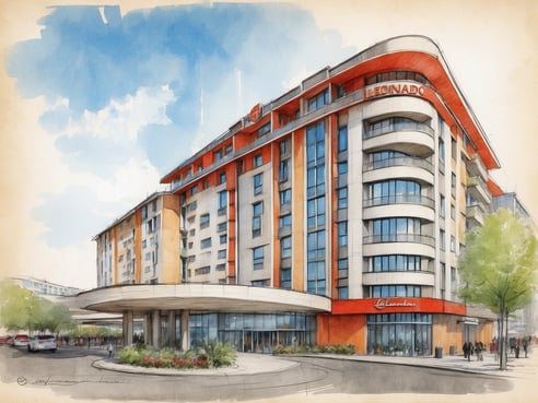 Das Bild zeigt die Außenansicht des Leonardo Hotels München City Center. Das moderne Gebäude hat mehrere Etagen mit einer auffälligen Fassade in hellen und orangefarbenen Farbtönen. Über dem Eingangsbereich prangt das Logo des Hotels. Vor dem Eingangsbereich befinden sich runde Säulen und eine großzügige Abfahrt für Fahrzeuge, umgeben von grünen Pflanzen und dekorativen Elementen. Der Himmel ist hell und leicht bewölkt, was dem Gesamtbild eine freundliche Atmosphäre verleiht.