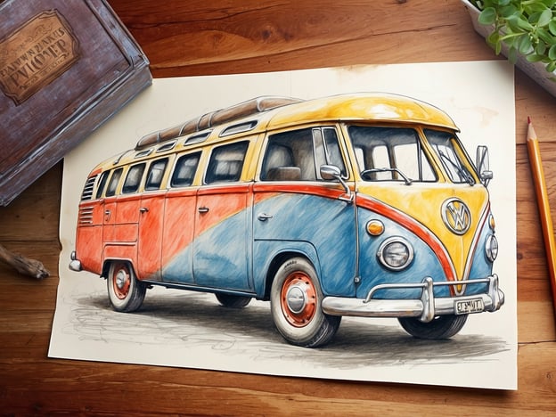 Auf dem Bild ist eine künstlerische Darstellung eines farbenfrohen Volkswagen-Busses zu sehen. Besonders für Gäste könnten Aktivitäten wie:
1. **Kunstworkshops**: Hier können Gäste lernen, eigene Zeichnungen oder Malereien zu erstellen, inspiriert von diesem Fahrzeug.
2. **Fahrten in Oldtimern**: Organisierte Touren mit solchen VW-Bussen könnten ein aufregendes Erlebnis bieten.
3. **Fotografie-Ereignisse**: Plätze für Fotoshoots mit dem Bus könnten eingerichtet werden, um tolle Erinnerungen festzuhalten.
Diese Aktivitäten könnten den Aufenthalt für Gäste bereichern und besondere Erlebnisse bieten.