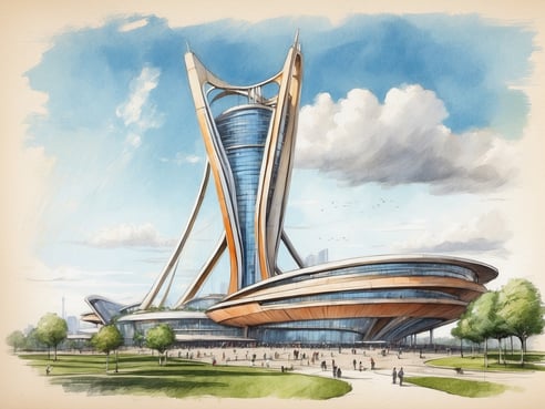Das Bild zeigt ein modernes und futuristisches Gebäude mit einer charakteristischen Architektur. Die Fassade besteht aus Glas und geschwungenen Formen, die durch auffällige, stilisierte Stützen unterstützt werden. Vor dem Gebäude sind Menschen zu sehen, die sich auf einem großzügigen Platz aufhalten. Die Umgebung beinhaltet grüne Rasenflächen und einige Bäume, was einen einladenden Eindruck vermittelt. Der Himmel ist blau mit einigen weißen Wolken, die das Gesamtbild auflockern. Dieses Architekturmuster und die belebte Szene könnten das Leonardo Hotel Munich City Olympiapark repräsentieren.