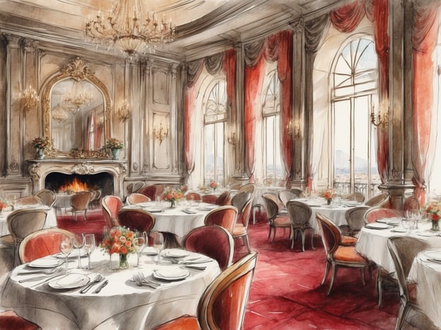Auf dem Bild ist ein elegantes Restaurant in einem Hotel zu sehen. Der Raum ist geschmackvoll dekoriert mit roten Vorhängen, einem großen Kristalllüster und opulenten Wänden, die das schöne Ambiente unterstreichen.Die Tische sind stilvoll eingedeckt, mit weißen Tischdecken, Tellern und Gläsern, und in der Mitte jeden Tischs befinden sich hübsche Blumengestecke. Ein Kamin sorgt für eine gemütliche Atmosphäre, während große Fenster für viel Tageslicht sorgen und einen Blick auf die Umgebung ermöglichen.Ein Dining-Erlebnis in einem solchen Hotelrestaurant verspricht nicht nur erstklassiges Essen, sondern auch ein unvergessliches Ambiente für besondere Anlässe oder romantische Dinner.