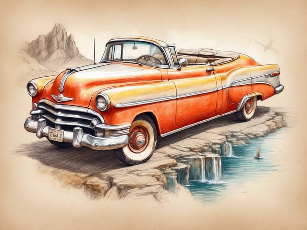 Auf dem Bild ist ein orangefarbener Oldtimer zu sehen, der auf einem malerischen Felsen steht, der über Wasser führt. Dieses nostalgische Auto könnte eine perfekte Ausgangsbasis für Entdeckungstouren rund um ein Hotel sein, das in einer landschaftlich reizvollen Gegend liegt.Besucher könnten von hier aus Ausflüge zu nahegelegenen Sehenswürdigkeiten unternehmen, sei es zu beeindruckenden Berglandschaften oder idyllischen Gewässern. Eine entspannte Fahrt entlang der Küste oder durch charmante Dörfer wäre ebenfalls möglich. Die Kombination aus Vintage-Charme des Autos und der Umgebung bietet eine ideale Kulisse für unvergessliche Erinnerungen während des Aufenthalts.