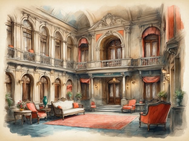 Auf dem Bild ist eine stilisierte Darstellung eines Innenraums zu sehen, wahrscheinlich eines historischen oder majestätischen Foyers. Der Raum ist geschmackvoll eingerichtet mit eleganten Möbeln, darunter ein stilvolles Sofa und rote Samtstühle, sowie Pflanzen und dekorativen Elementen an den Wänden. Die hohen Fenster und der kunstvoll gestaltete Balkon schaffen eine lichtdurchflutete und einladende Atmosphäre.
Die NH Hotels Collection in Mexiko-Stadt Reforma bietet luxuriöse Unterkünfte mit einem Fokus auf elegantem Design und erstklassigem Service. Das Hotel befindet sich in einer zentralen Lage und bietet ein reichhaltiges gastronomisches Angebot, sowie moderne Annehmlichkeiten und Veranstaltungsräume, die ideal für Geschäftsreisende und Touristen sind. Die Kombination aus traditioneller Eleganz und modernem Komfort macht es zu einem beliebten Ziel für Reisende, die das Beste der Stadt erleben möchten.