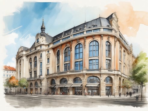 Das Bild zeigt die beeindruckende Fassade eines historischen Gebäudes mit großen Fenstern und einem markanten Dach. In der Architektur sind klassische Elemente gut erkennbar, während die orangene und cremefarbene Farbgestaltung dem Gebäude Charakter verleiht. Auf der Straße sind Besucher und Passanten zu sehen, die sich vor dem Gebäude aufhalten. Um das Gebäude herum sind Bäume zu erkennen, die einen grünen Akzent setzen. Dieses Gebäude ist mit dem Leonardo Royal Hotel Munich verbunden und vermittelt ein einladendes Ambiente.