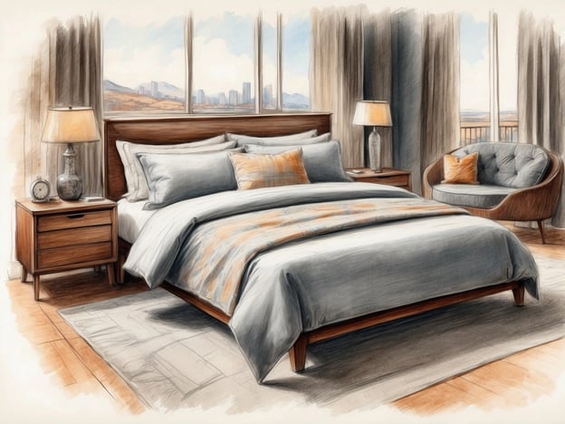 Auf dem Bild ist ein stilvolles Schlafzimmer zu sehen. Die Zimmerausstattung umfasst ein großes Doppelbett mit einer modernen Bettdecke und mehreren Kissen in Blau- und Grautönen, ergänzt durch einen orangefarbenen Akzent. Neben dem Bett steht ein Nachttisch mit einer Tischlampe und einer Uhr.
Zusätzlich gibt es einen gemütlichen Sessel mit einem Kissen, der zum Entspannen einlädt. Große Fenster sorgen für viel Tageslicht und bieten einen Ausblick auf eine städtische Landschaft. Der Boden ist mit einem großen, weichen Teppich ausgestattet, was für zusätzlichen Komfort sorgt. Alles in allem vermittelt das Zimmer eine einladende und entspannende Atmosphäre.