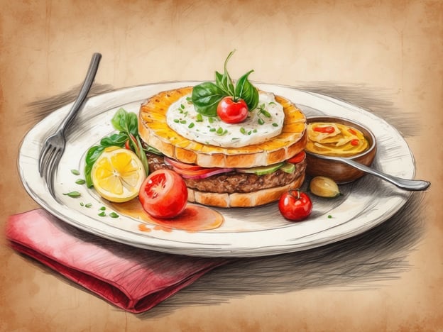 Auf dem Bild ist ein ansprechend angerichtetes Gericht zu sehen. Es handelt sich um einen geschichteten Burger, der aus verschiedenen Zutaten besteht, darunter ein saftiges Patty, Gemüse, ein Spiegelei und frische Kräuter. Der Teller ist zudem mit Zitronenscheiben, Kirschtomaten und einer kleinen Schüssel mit einer Sauce oder Beilage dekoriert.
Das gastronomische Angebot im Hotel könnte eine Vielzahl solcher kreativen und geschmackvollen Gerichte beinhalten, die frisch zubereitet und ansprechend präsentiert werden, um den Gästen ein einzigartiges kulinarisches Erlebnis zu bieten.