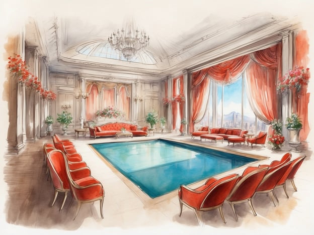 Auf dem Bild ist ein eleganter Raum mit einem Pool in der Mitte zu sehen. Die Wände sind hell gestaltet und es gibt große Fenster, die viel Licht hereinlassen, sowie prächtige Vorhänge. Rote Möbel und Blumenarrangements verleihen dem Raum einen luxuriösen Touch.
Diese Art von Veranstaltungsort könnte sich gut für besondere Anlässe, wie Hochzeiten oder exklusive Feiern, eignen. NH Hotels Collection bietet diverse Eventmöglichkeiten, die durch stilvolle Räumlichkeiten und umfassende Dienstleistungen bestechen. Ideal für Tagungen, Empfänge oder private Veranstaltungen, können diese Locations individuell gestaltet werden, um den Bedürfnissen der Gäste gerecht zu werden.