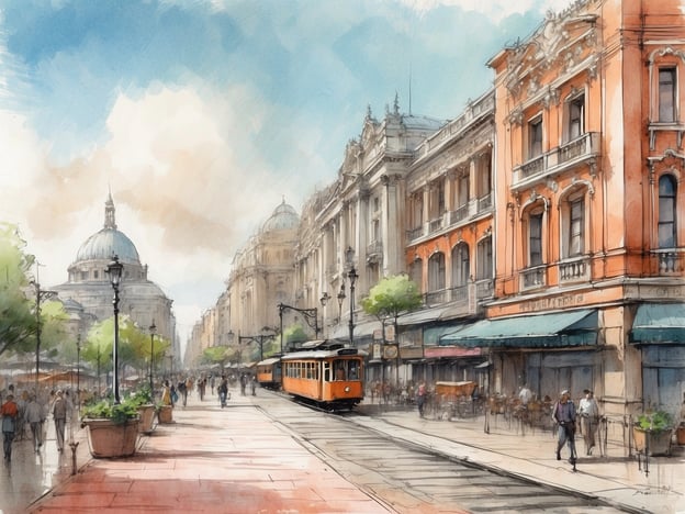 Auf dem Bild ist eine malerische Straßenszene zu sehen, die von historischen Gebäuden gesäumt ist. In der Mitte ist eine Straßenbahn (in orange) abgebildet, während Menschen spazieren gehen. Das große, kuppelartige Gebäude im Hintergrund könnte eine Kirche oder ein historisches Gebäude sein. Die Atmosphäre wirkt lebhaft und einladend, mit viel Grün und einer klaren blauen Himmel.
Das NH Hotel Collection Milano Citylife befindet sich in der Nähe eines modernen Stadtteils von Mailand, der für seine Einkaufsmöglichkeiten und kulturellen Einrichtungen bekannt ist. Die dargestellte Szenerie könnte eine Verbindung zu den historischen Aspekten der Stadt bilden, die das Hotel umgibt.