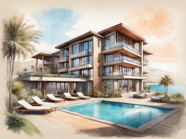 Auf dem Bild ist ein stilisiertes Gebäude zu sehen, das an ein modernes Hotel oder eine luxuriöse Villa erinnert. Es hat große Fenster und Balkone, umgeben von einer Poollandschaft und tropischen Pflanzen. Die Architektur wirkt offen und einladend, mit einem Fokus auf natürliche Lichtverhältnisse.
Im Überblick über NH Hotels Collection Milano Porta Nuova handelt es sich um ein elegantes Hotel in Mailand, das Komfort und modernen Luxus bietet. Es zeichnet sich durch eine zentrale Lage, stilvolle Zimmer und moderne Annehmlichkeiten aus. Gäste können in hochwertiger Atmosphäre entspannen und genießen verschiedene Dienstleistungen, darunter ein Restaurant, Konferenzräume und ein Fitnessbereich.