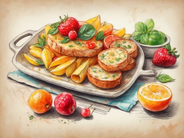 Auf dem Bild sehen wir eine ansprechend angerichtete gastronomische Kreation. Es handelt sich um eine Platte mit verschiedenen Speisen: saftige, bedächtig geschnittene Brotscheiben, die mit Kräutern garniert sind, und eine Auswahl an knusprigen, goldbraunen Kartoffelspalten.
Zusätzlich sind frische Früchte wie Erdbeeren, Apfel und Zitrusfrüchte auf der Platte drapiert, die dem Gericht eine fruchtige Note verleihen. Ein kleines Schälchen mit frischem Basilikum rundet das kulinarische Erlebnis ab, indem es einen aromatischen Duft hinzufügt. Diese Präsentation vermittelt ein Gefühl von Frische und Genuss, ideal für ein gemütliches Zusammensein oder ein besonderes Essen.