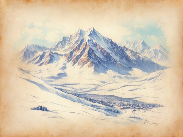 Das Bild zeigt eine eindrucksvolle Winterlandschaft, die in sanften Aquarellfarben gehalten ist. Es vermittelt eine ruhige und friedliche Atmosphäre, die den Betrachter in die winterliche Bergwelt entführt.Im Vordergrund sieht man schneebedeckte Hügel, die sanft in die Ferne verlaufen. Dominierend ist das majestätische Bergmassiv im Hintergrund, dessen Gipfel schroff und imposant aus dem Schnee herausragen. Die Farben sind überwiegend in Blau- und Weißtönen gehalten, was die Kühle der Winterlandschaft unterstreicht. In der unteren Bildmitte erkennt man eine kleine Siedlung mit mehreren, teilweise verstreuten Häusern, die von einer kahle Waldfläche umgeben sind. Die gesamte Komposition schafft ein harmonisches Gleichgewicht zwischen der rauen Natur und der besiedelten Umgebung.