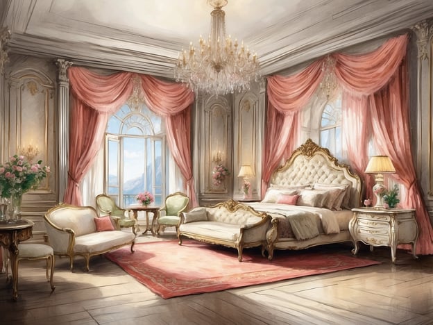 Auf dem Bild ist ein luxuriöses Hotelzimmer zu sehen. Es ist elegant und opulent eingerichtet. Die Ausstattung umfasst:
- Ein großes, gepolstertes Doppelbett mit reich verzierten Elementen.
- Weiche Kissen und eine romantische Bettdecke.
- Zwei stilvolle Sessel in hellem Grün, die um einen kleinen Tisch gruppiert sind.
- Ein ausgefallener Kronleuchter, der für eine gemütliche Beleuchtung sorgt.
- Fenster mit eleganten, rosafarbenen Vorhängen, die viel Tageslicht hereinlassen und einen schönen Ausblick auf die Landschaft bieten.
- Blumenarrangements, die dem Raum eine frische und einladende Atmosphäre verleihen.
- Ein edler Teppich, der den Boden schmückt und dem Zimmer zusätzlichen Komfort verleiht.
Die gesamte Gestaltung vermittelt ein Gefühl von Luxus und Raffinesse.