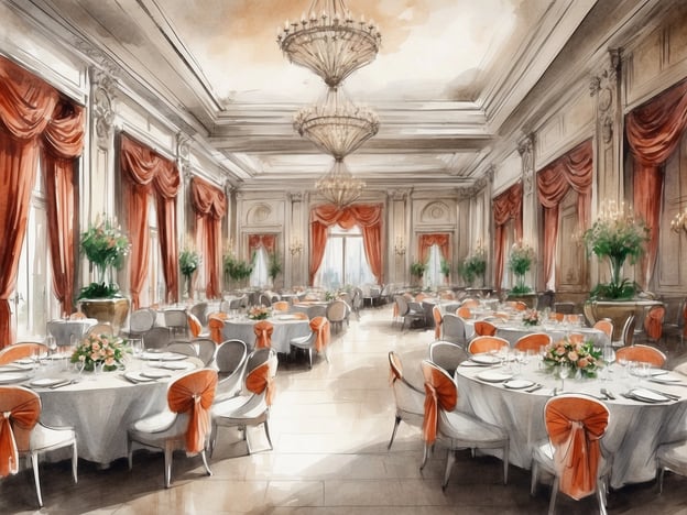 Auf dem Bild ist ein eleganter Veranstaltungsraum zu sehen, der für festliche Anlässe wie Hochzeiten, Bankette oder Konferenzen geeignet ist. Die Tische sind rund eingedeckt und verfügen über dekorative Elemente wie Blumenarrangements und Stuhlhussen mit Orangenbändern. Der Raum zeichnet sich durch große Fenster, stilvolle Vorhänge und Kronleuchter aus, was eine festliche Atmosphäre schafft.
Im NH Hotel stehen ähnliche Räumlichkeiten für verschiedene Veranstaltungen zur Verfügung. Sie bieten moderne Technik, flexible Raumgestaltungen und professionelle Betreuung, um jede Veranstaltung unvergesslich zu machen. Ob für geschäftliche Meetings oder private Feiern, das NH Hotel bietet maßgeschneiderte Lösungen und ein ansprechendes Ambiente.