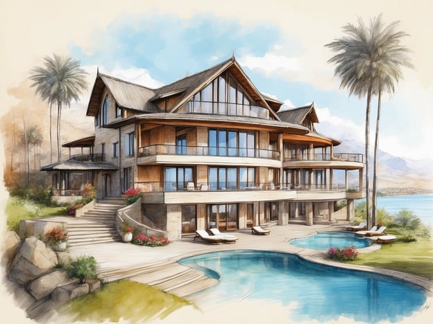 Auf dem Bild ist eine architektonische Illustration eines modernen Hauses oder einer Villa zu sehen, das von einem Pool und üppiger Vegetation umgeben ist. Es ist von Palmen und Blumenbeeten gesäumt und bietet eine beeindruckende Aussicht auf das Wasser, was auf eine traumhafte Lage hinweist.
Die NH Hotels Collection ist bekannt für ihre hochwertigen Hotels, die exquisite Annehmlichkeiten und ein elegantes Design bieten. Jedes Hotel dieser Sammlung zielt darauf ab, den Gästen ein stilvolles und komfortables Erlebnis zu bieten, oft in zentralen Lagen oder in malerischen Umgebungen. Die Collection umfasst eine Vielzahl von Eigenschaften, die sowohl für Geschäftsreisende als auch für Urlauber geeignet sind, und bietet häufig erstklassige Dienstleistungen, Restaurantoptionen und Tagungsräume.