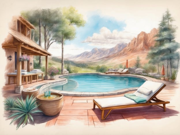 Auf dem Bild ist eine idyllische Wellness-Oase zu sehen. Im Vordergrund befindet sich ein einladender Pool, der perfekt zum Entspannen einlädt. Neben dem Pool stehen bequeme Liegestühle, ideal für sonnige Tage und Erholung. Die Umgebung ist von Bäumen und Bergen geprägt, was eine ruhige Atmosphäre schafft.
Zusätzlich gibt es eine Terrasse mit bequemen Liegeflächen und einer gemütlichen Sitzgelegenheit, vielleicht für Massagen oder einfach zum Entspannen. Im Hintergrund könnte man die Natur genießen, während man verschiedene Freizeitangebote wie Schwimmen oder einfach das Lesen eines Buches genießt. Insgesamt wirkt der Ort wie ein perfektes Ziel für Wellness und Freizeitaktivitäten in der Natur.