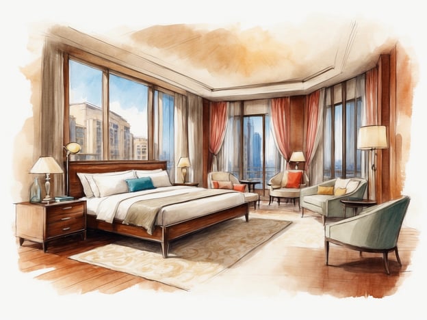 Auf dem Bild ist eine künstlerische Darstellung eines eleganten Hotelzimmers zu sehen. Das Zimmer verfügt über ein großes Bett, einen Nachttisch, bequeme Sessel sowie große Fenster, die viel Tageslicht hereinlassen und einen Blick auf die Stadt bieten. Die Einrichtung wirkt modern und stilvoll, mit warmen Farbtönen und einer gemütlichen Atmosphäre.
Die NH Hotels Collection in New York bietet eine Reihe von hochwertigen Unterkünften, die für ihren Komfort und ihren erstklassigen Service bekannt sind. Die Hotels in dieser Collection kombinieren elegantes Design mit modernen Annehmlichkeiten, um den Gästen ein unvergessliches Erlebnis zu bieten. Ideal gelegen, ermöglichen sie es den Gästen, die wichtigsten Sehenswürdigkeiten der Stadt bequem zu erreichen. Zu den Einrichtungen gehören oft Fitnesscenter, Restaurants, Tagungsräume und vieles mehr, um sowohl Geschäftsreisenden als auch Urlaubern gerecht zu werden.