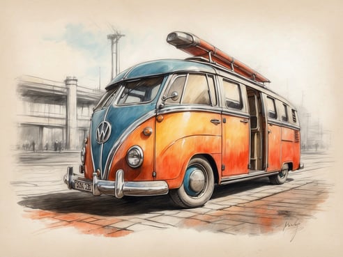 Ein orange-blauer Volkswagen Bus steht auf einem gepflasterten Platz. Der Bus hat eine geöffnete Tür, die einen Blick ins Innere ermöglicht. Im Hintergrund sind unscharfe Figuren und eine moderne Architektur zu sehen. Die gesamte Szene vermittelt ein Gefühl von Nostalgie und Abenteuer.